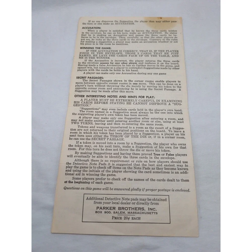 *Damaged* Vintage 1950 Clue Parker Brothers Rulebook